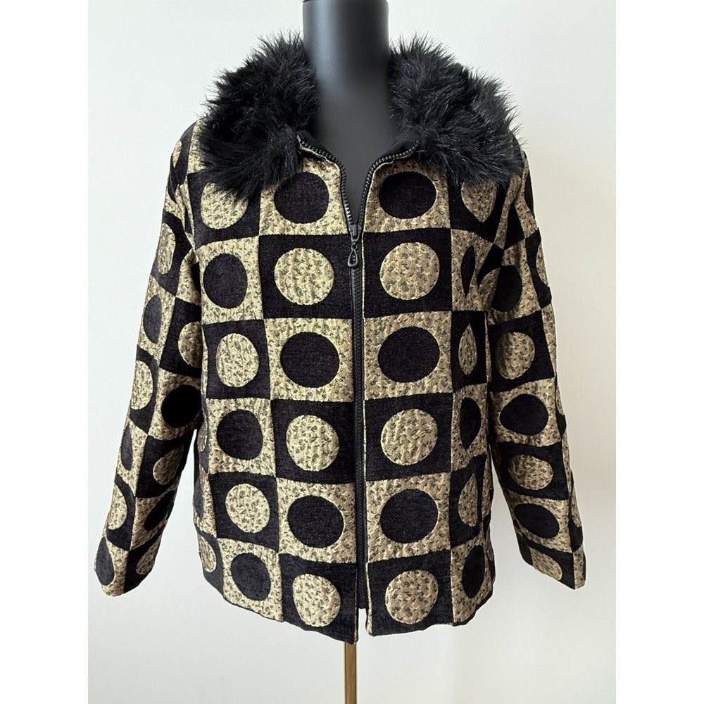 Annalese Women's XL Jacket Black/Gold Design Faux Fur Collar Zip Front EUC